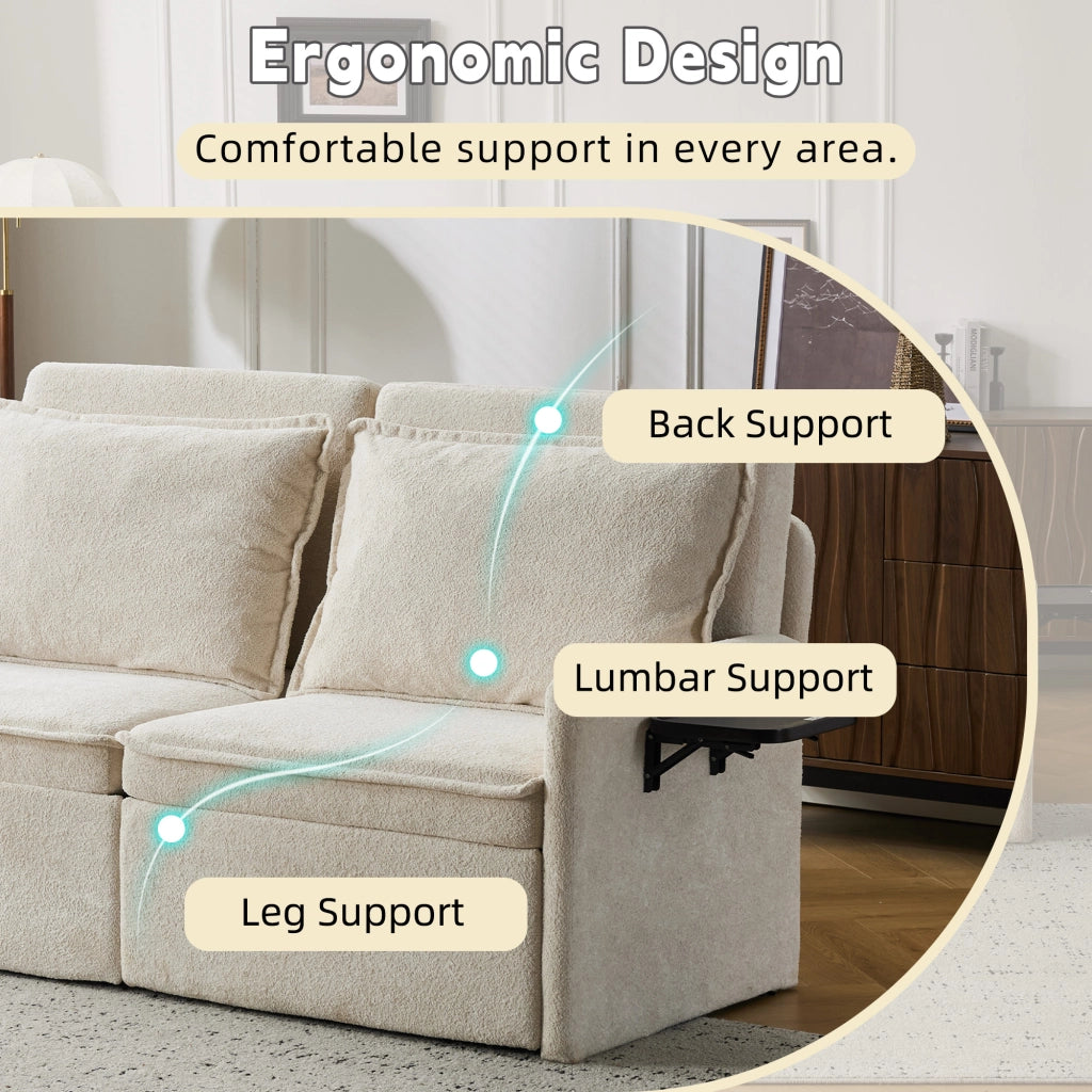 Divano letto 3 posti con schienale regolabile 5 posizioni, tasche laterali e USB, in ciniglia, beige