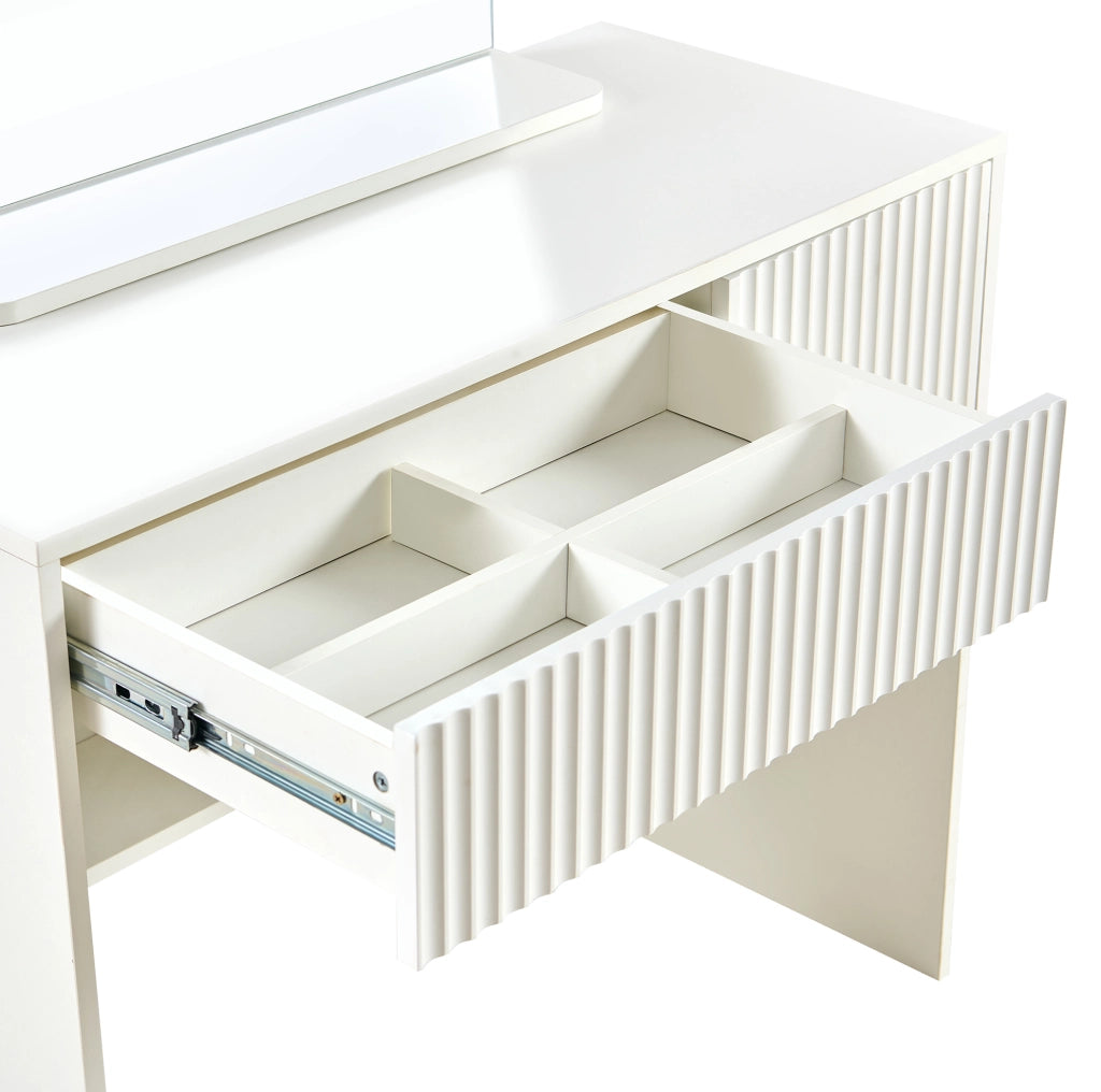 Tavolo da trucco 90x40x135 cm con specchio arcuato e 2 cassetti in MDF bianco