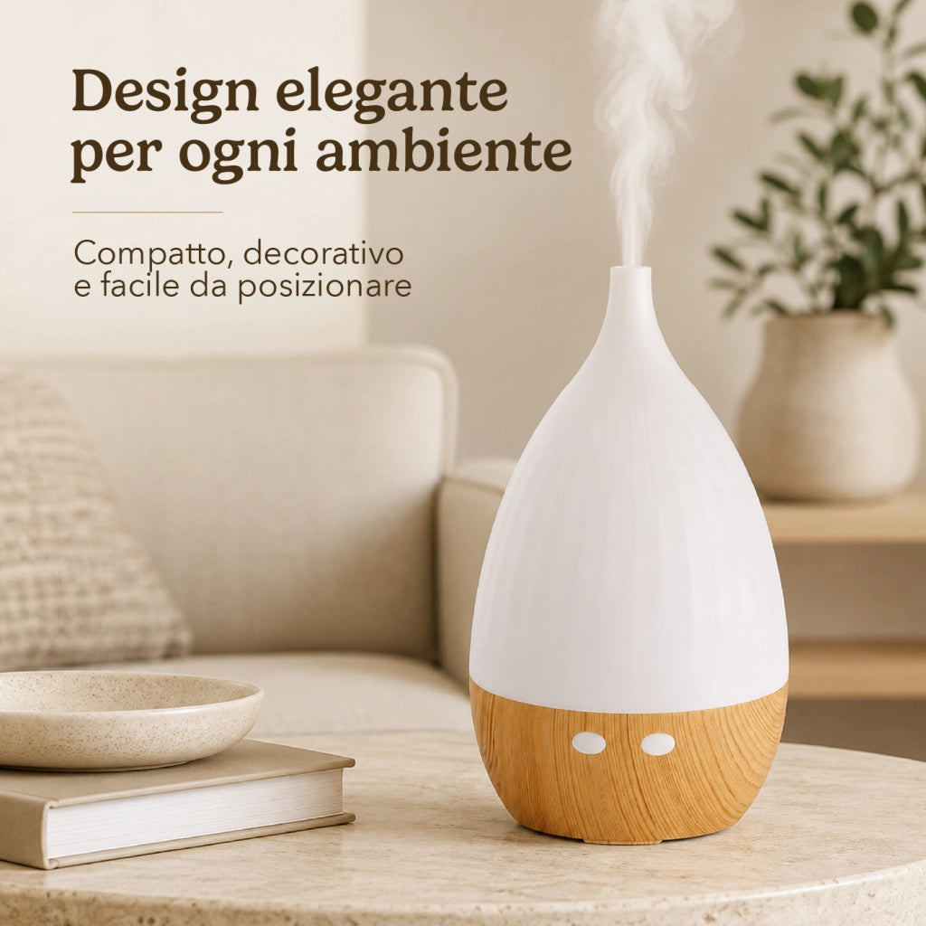 Diffusore di Aromi 130 ml con Luce LED 7 Colori, Umidificatore per Ambienti e Aromaterapia, Autonomia fino a 3 Ore, Design Effetto Legno, Alimentazione USB/240V
