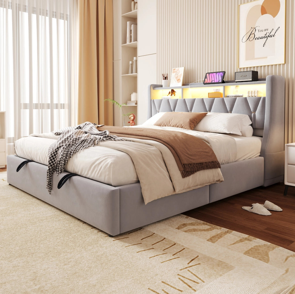Letto matrimoniale contenitore ULEVR 180x200 cm con LED, presa USB/Type-C e testiera pieghevole, velluto grigio chiaro