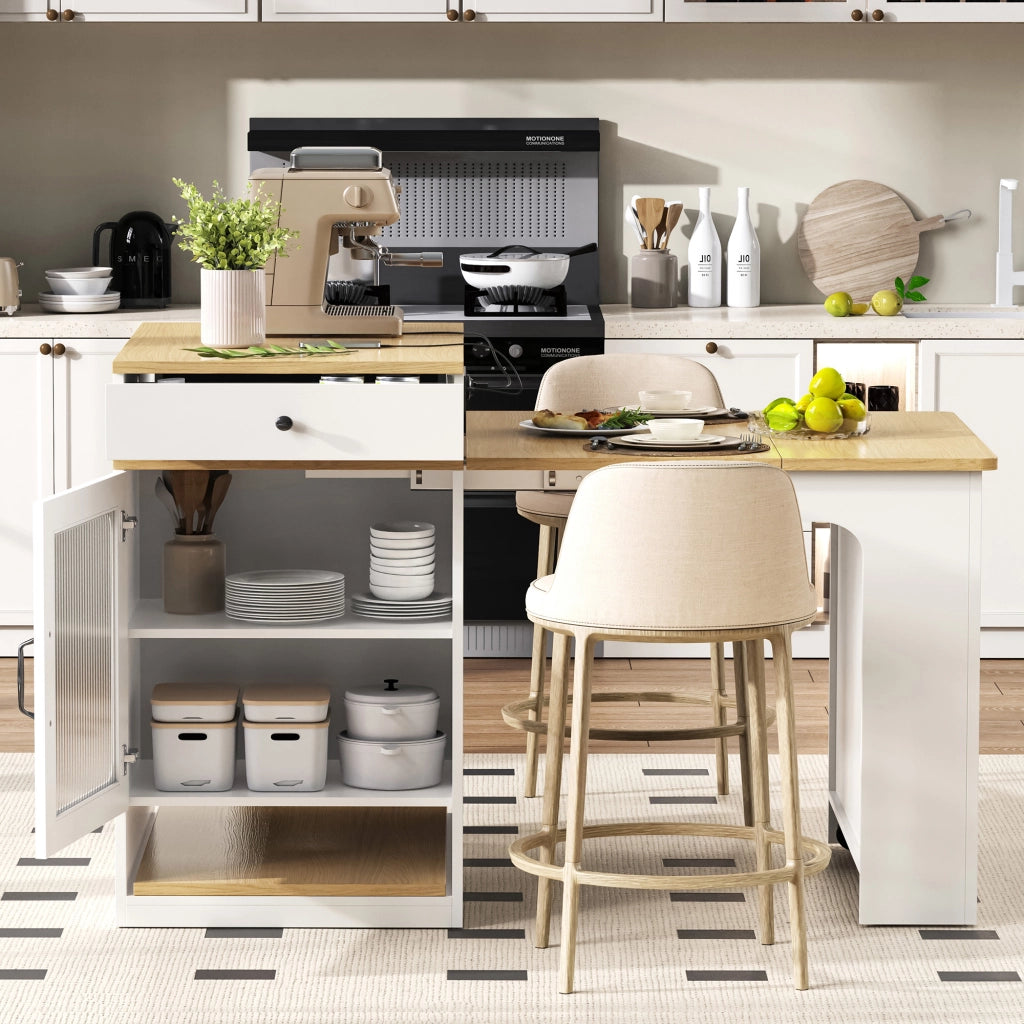 Tavolo allungabile con mobile contenitore e prese integrate MDF bianco e naturale 80 × 71~111~151 × 92 cm