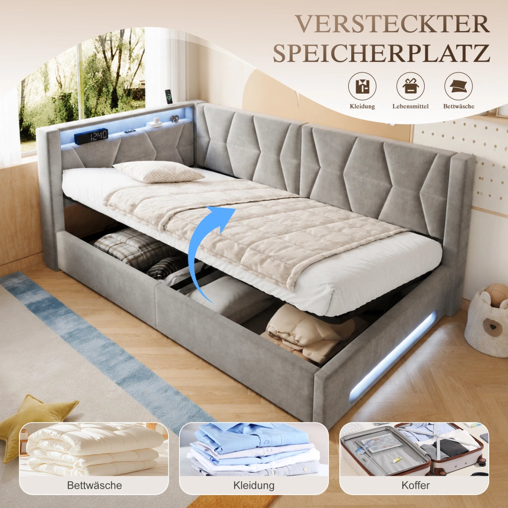 Letto singolo con contenitore 90 × 200 cm imbottito in velluto con LED USB Type-C e rete a doghe inclusa