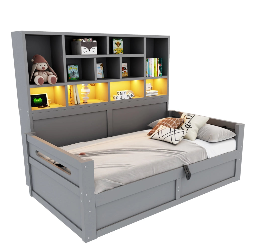 Letto singolo multifunzione 90x200 cm con contenitore idraulico, illuminazione LED e presa elettrica, grigio