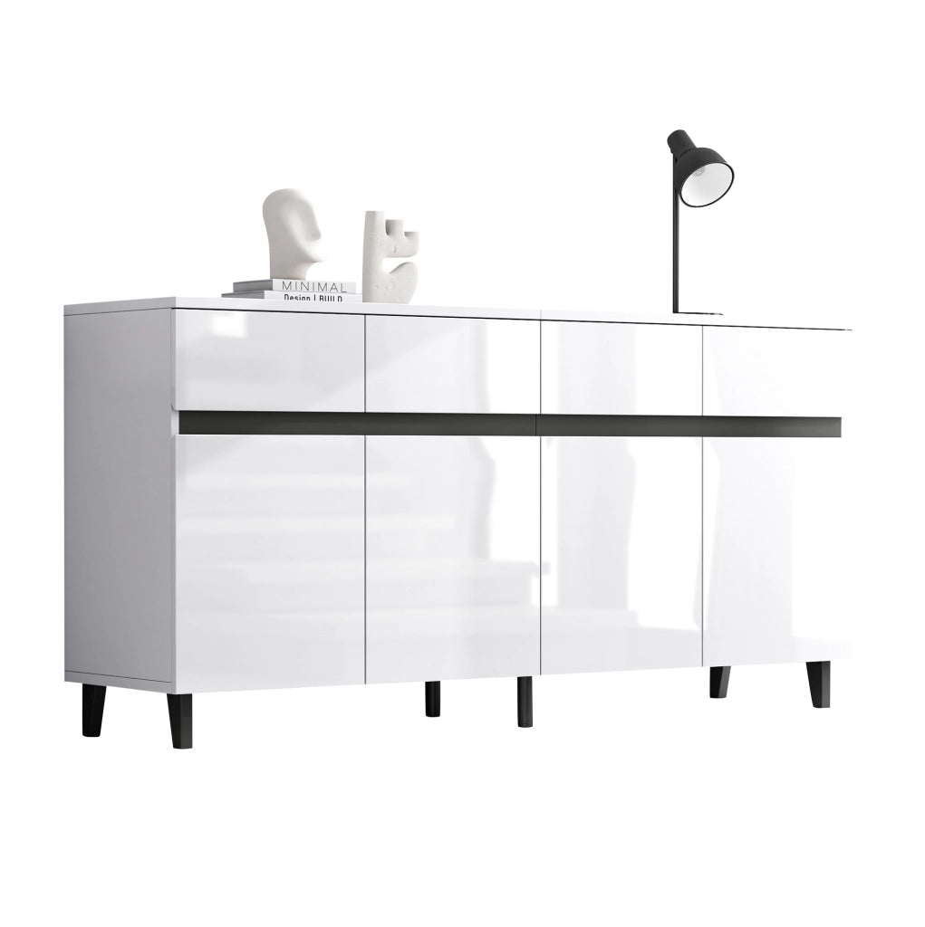 Sideboard bianco lucido con 4 cassetti, 2 ante e ripiani regolabili 160x40x68 cm