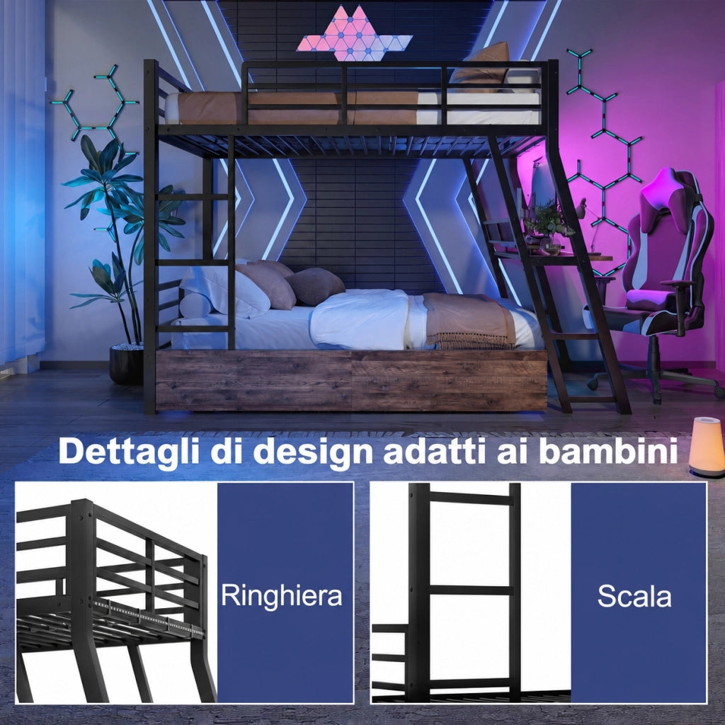 Letto a soppalco 90 x 200 cm con scrivania, cassetti e LED, metallo e MDF, nero