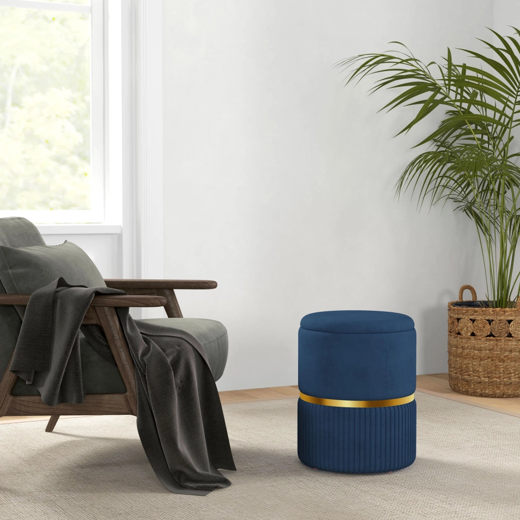 Pouf Contenitore Poggiapiedi Rotondo in Velluto a Coste 36 x 36 x 44 cm Sgabello Salvaspazio per Salotto e Camera Blu