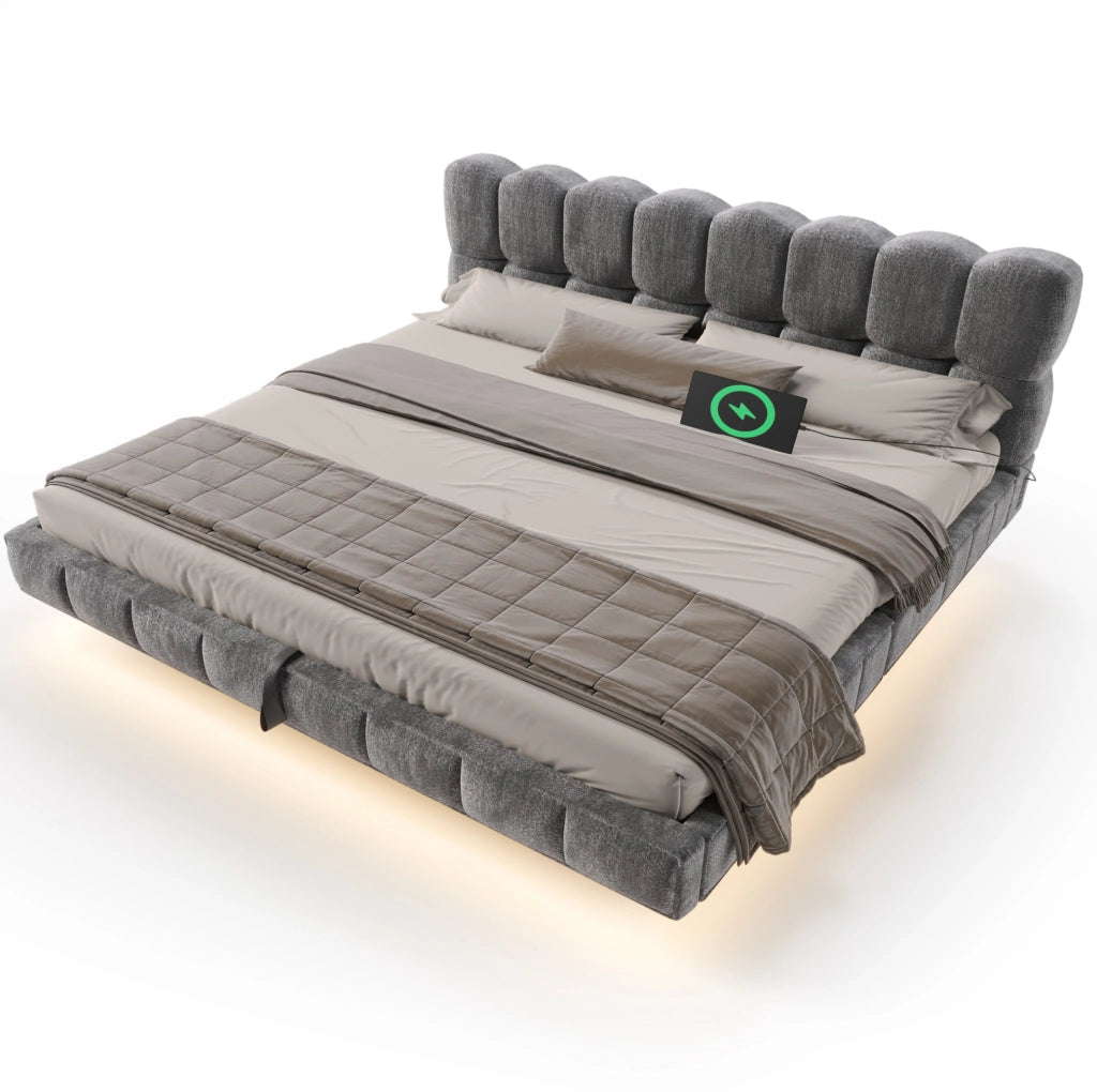 Letto imbottito 180x200 cm con contenitore, LED e USB, rivestimento in ciniglia grigio