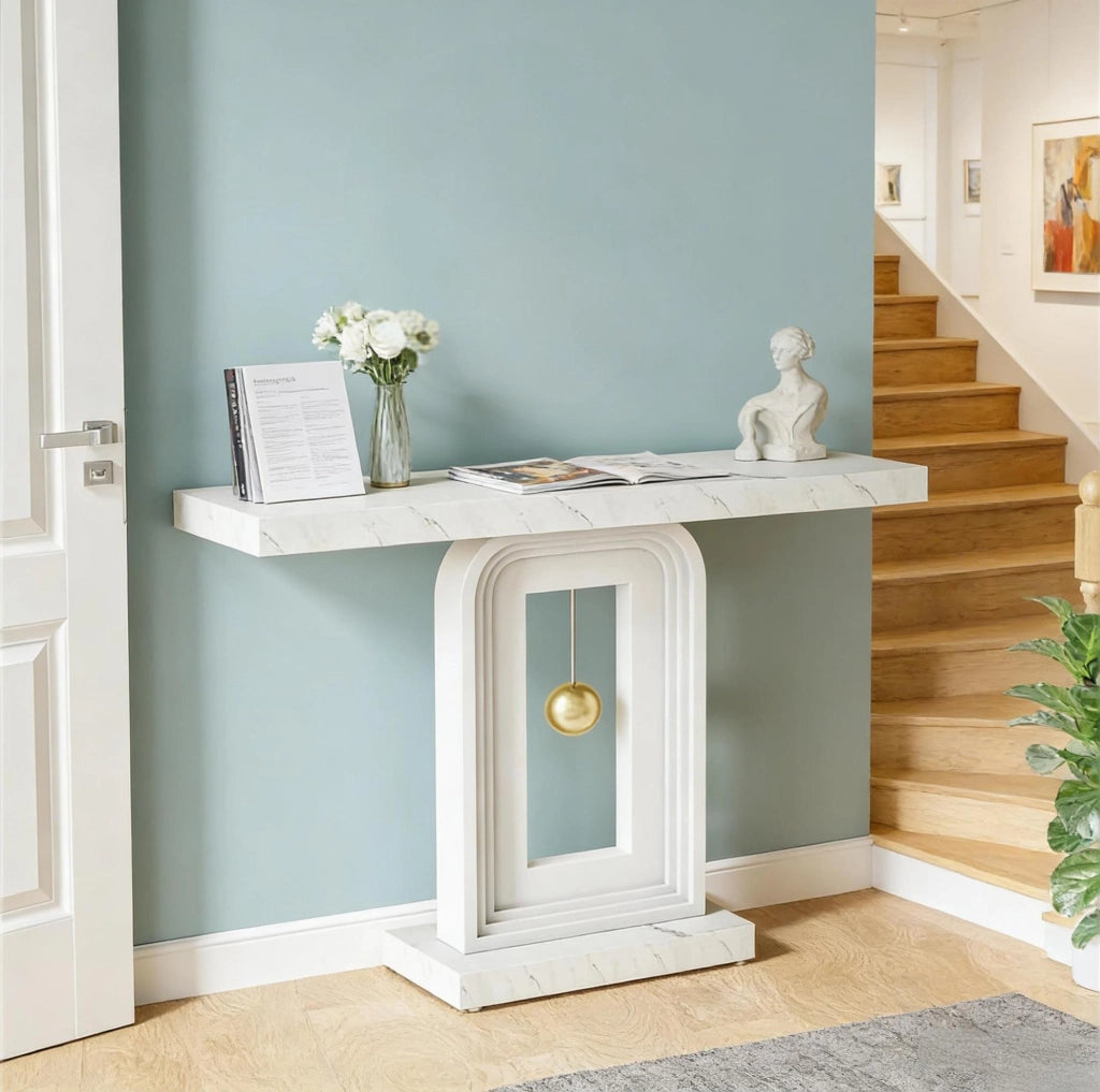 Tavolino Consolle stretto in MDF con piano in marmo bianco, 100 cm, per ingresso e soggiorno