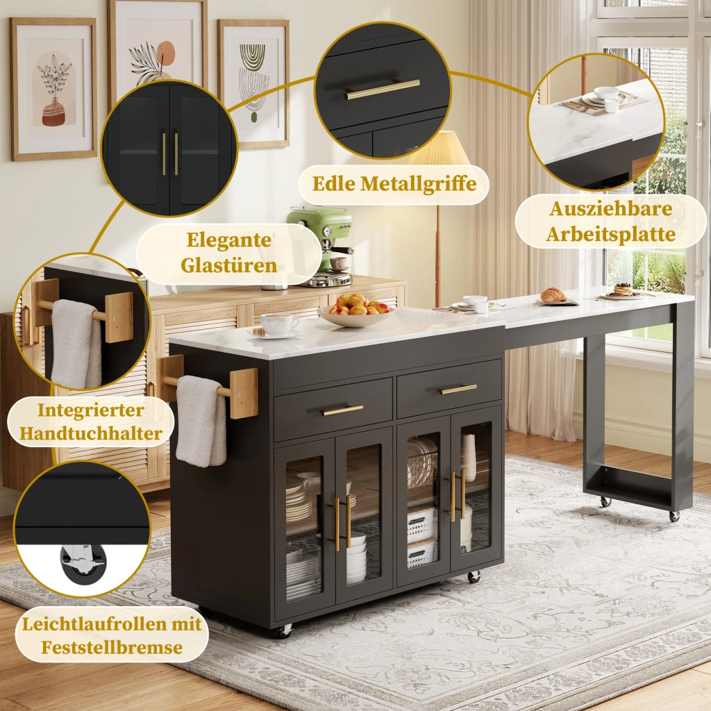 Tavolo alto da cucina estraibile con mobili contenitore; ripiani regolabili; ruote e freni in MDF nero 132.5–217 × 50 × 93 cm