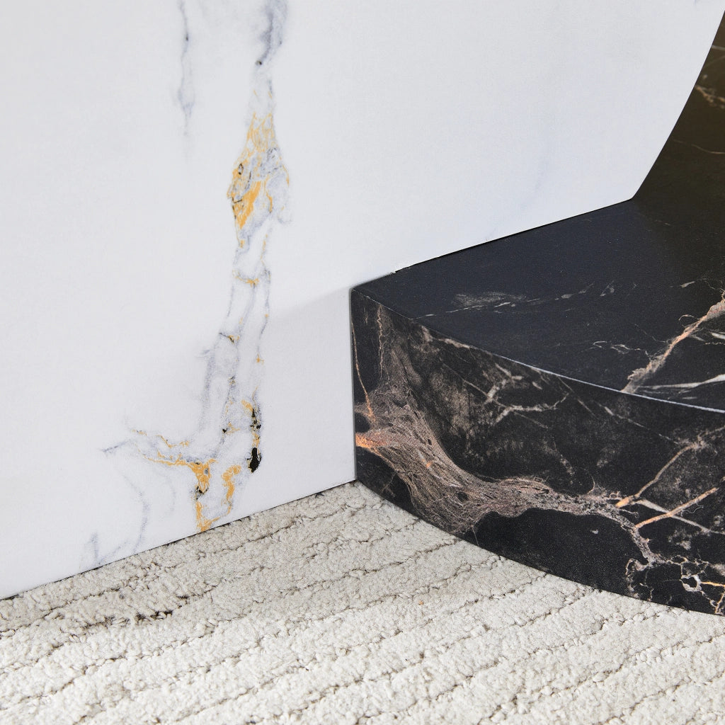Tavolino basso fisso a due livelli in MDF e vetro trasparente bianco e nero 78.51 × 78.99 × 24.51 cm