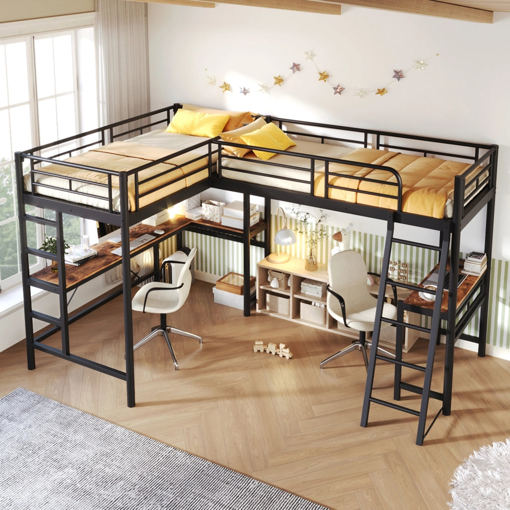 Letto a castello 90 x 200 cm con due letti, tavolo sotto il letto, doppia scala e ringhiera alta, Nero