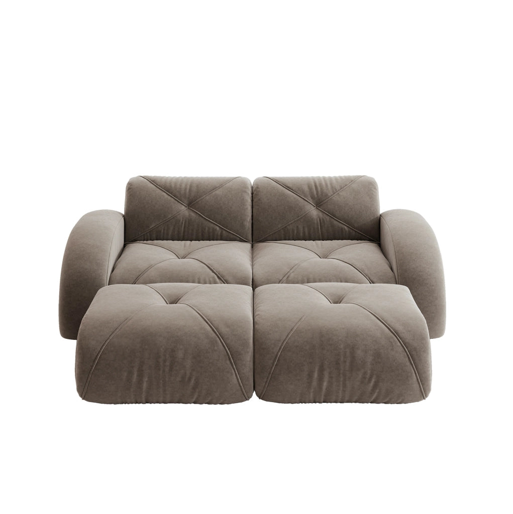 Divano modulare 2 posti taupe con 2 pouf, rivestimento in chenille senza struttura