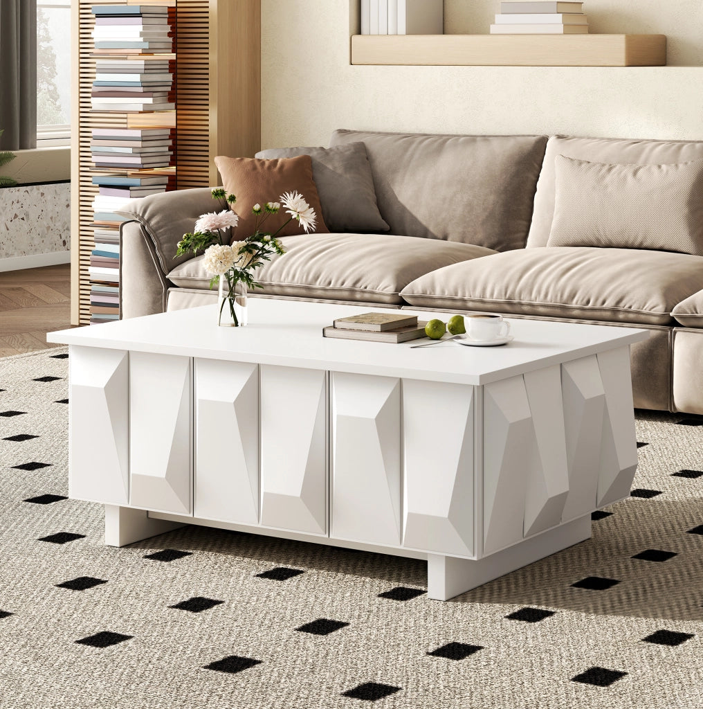 Tavolino da salotto moderno con spazio contenitore e frontali 3D; 95x67x39;5 cm; bianco