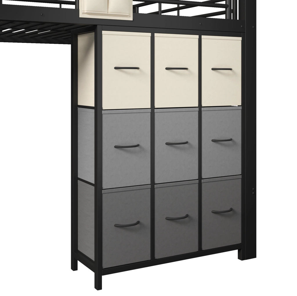 Letto a soppalco 140x200 cm con scale contenitore; cassettiera e appendiabiti nero HOMVRA