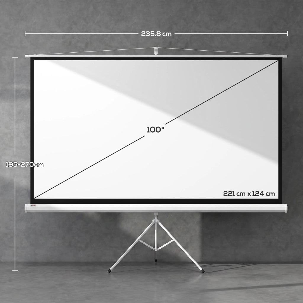 Telo Proiettore Pieghevole da 100" Formato 16:9 con Treppiede Regolabile, 235.8x8x136 cm, Bianco