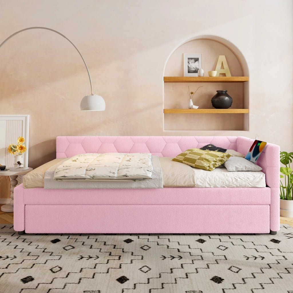Letto singolo estraibile 90 × 200 cm con rete a doghe in bouclé rosa lampada da comodino usb e tipo c