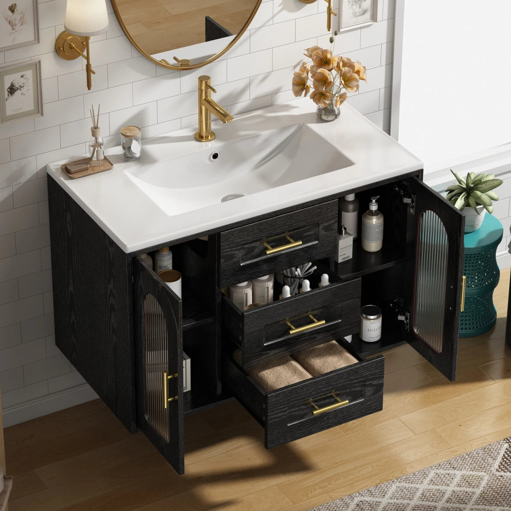 Mobile bagno sospeso 76 cm con lavabo in ceramica, LED e vetro rigato nero