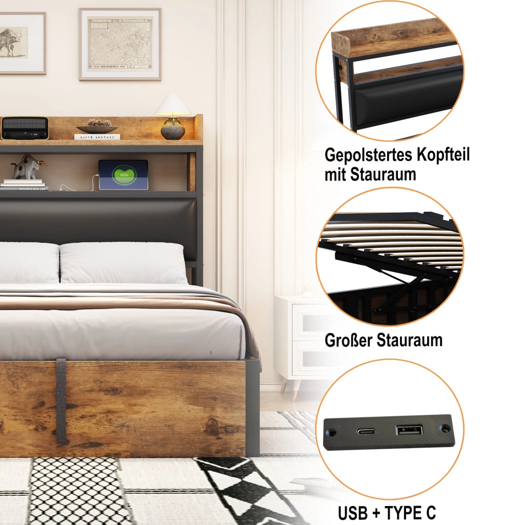 Letto contenitore 140x200 cm con USB e testiera con vano; nero