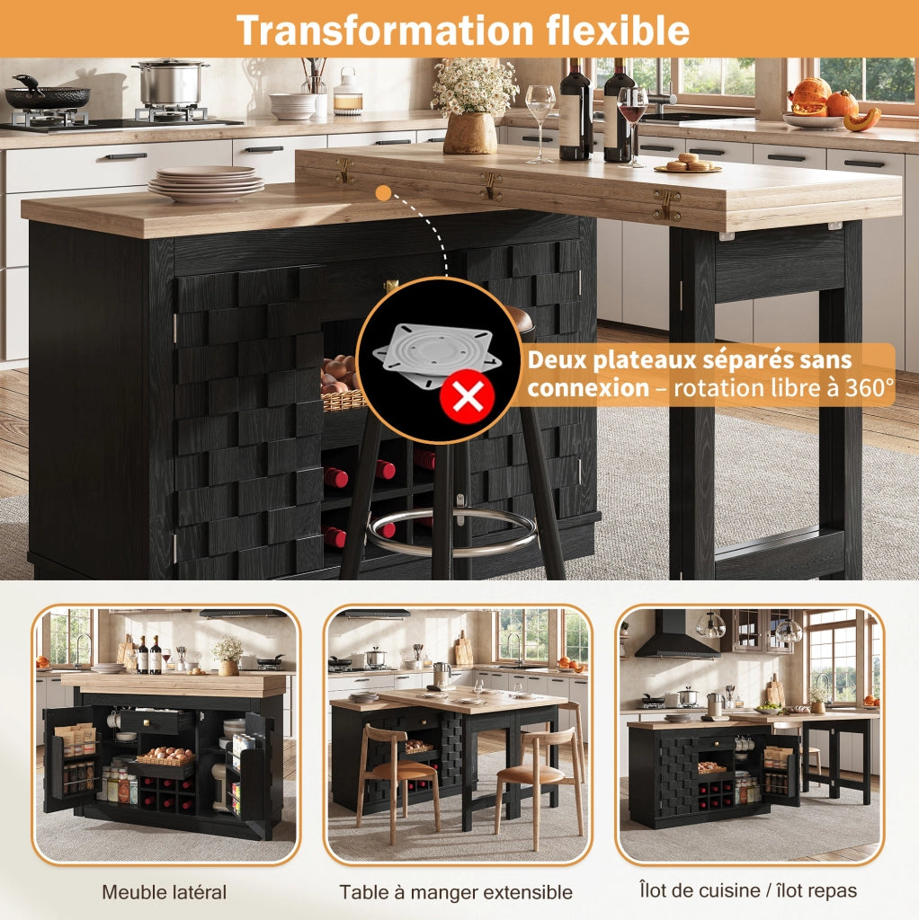 Isola cucina e mobile laterale girevole 360° 120-197cm con ante patchwork, ripiano portabottiglie estraibile e cassetti, rovere chiaro/nero