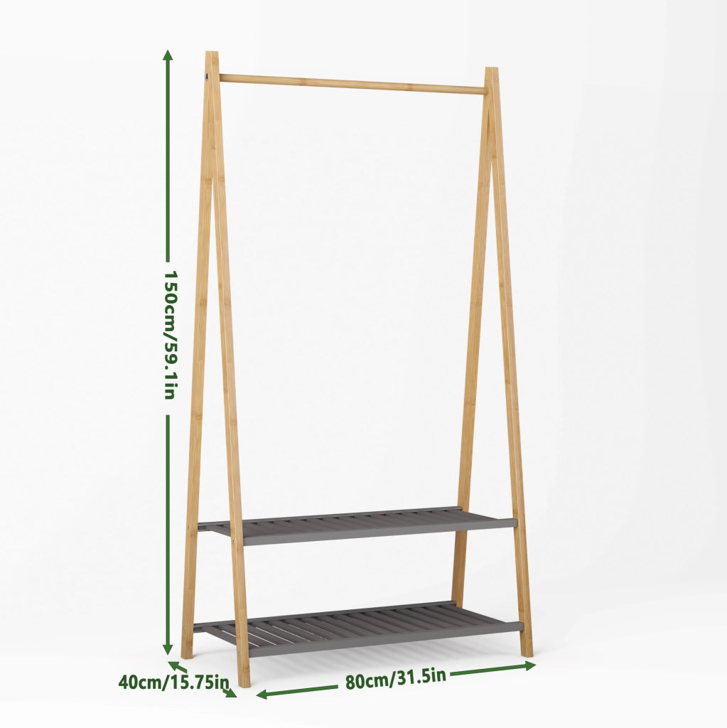 Appendiabiti in bamboo con 2 ripiani e barra per abiti, stand salvaspazio per ingresso e camera da letto