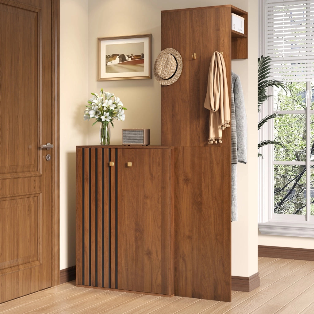DESMIU Compact Garderobe aus MDF in Nussbaum mit Schuhschrank, Kleiderstange und Haken, 115x38,5x191,5 cm