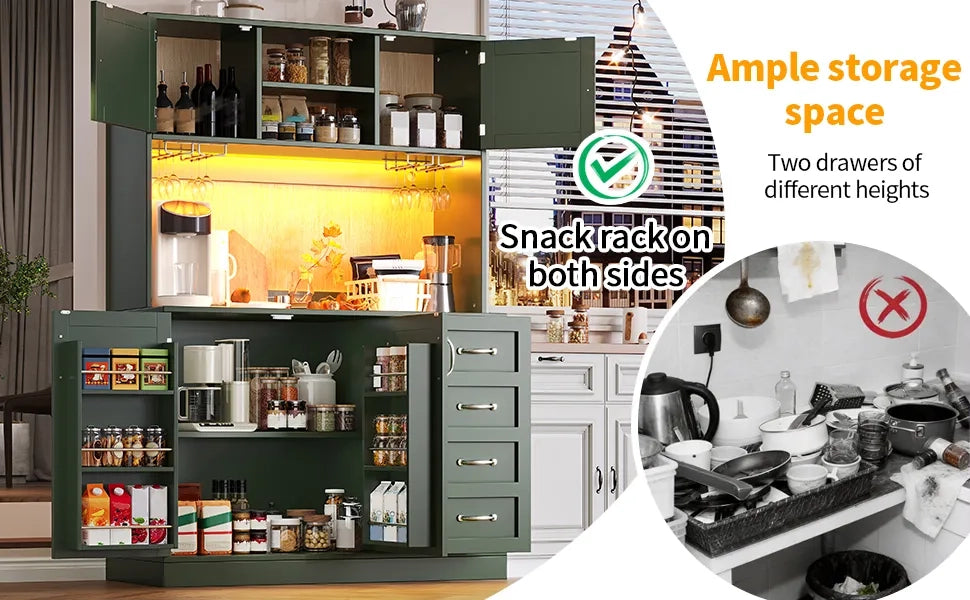Mobile contenitore 120x40x188 cm, 4 ante e 2 grandi cassetti, illuminazione LED, ripiano snack e portabottiglie, verde/nero/bianco