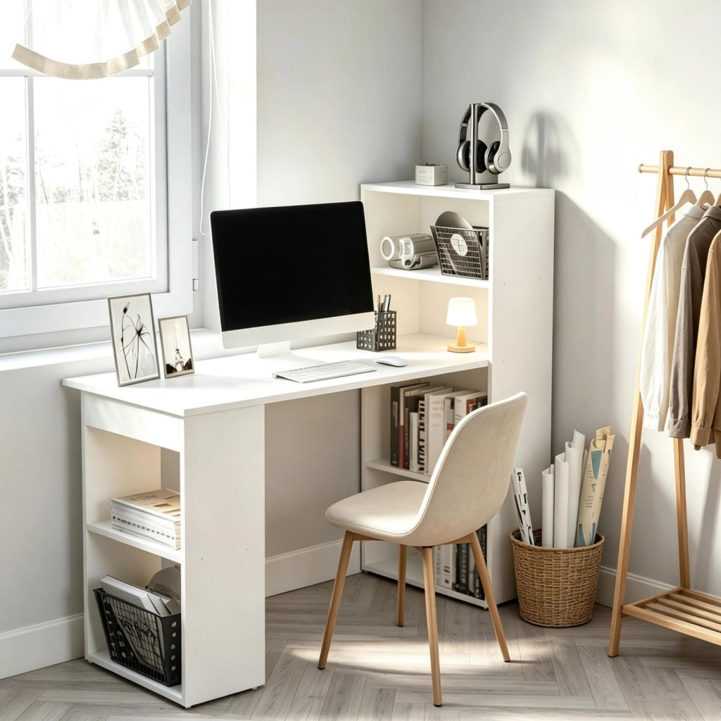 Scrivania bianca in truciolato con libreria integrata e design moderno, 120x55x120 cm