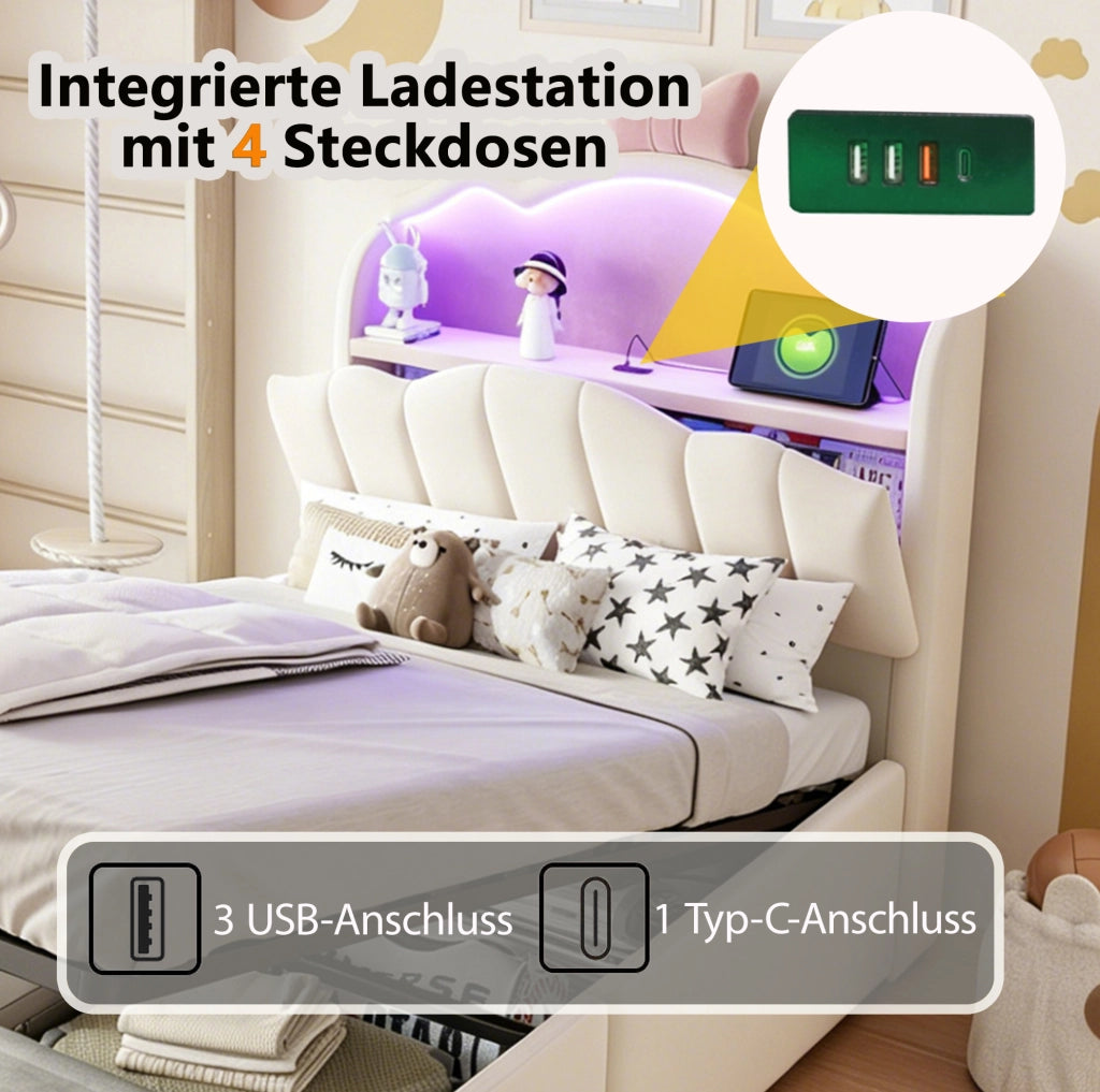 Letto per bambini imbottito 90x200 cm con contenitore idraulico, LED, USB e USB-C, beige