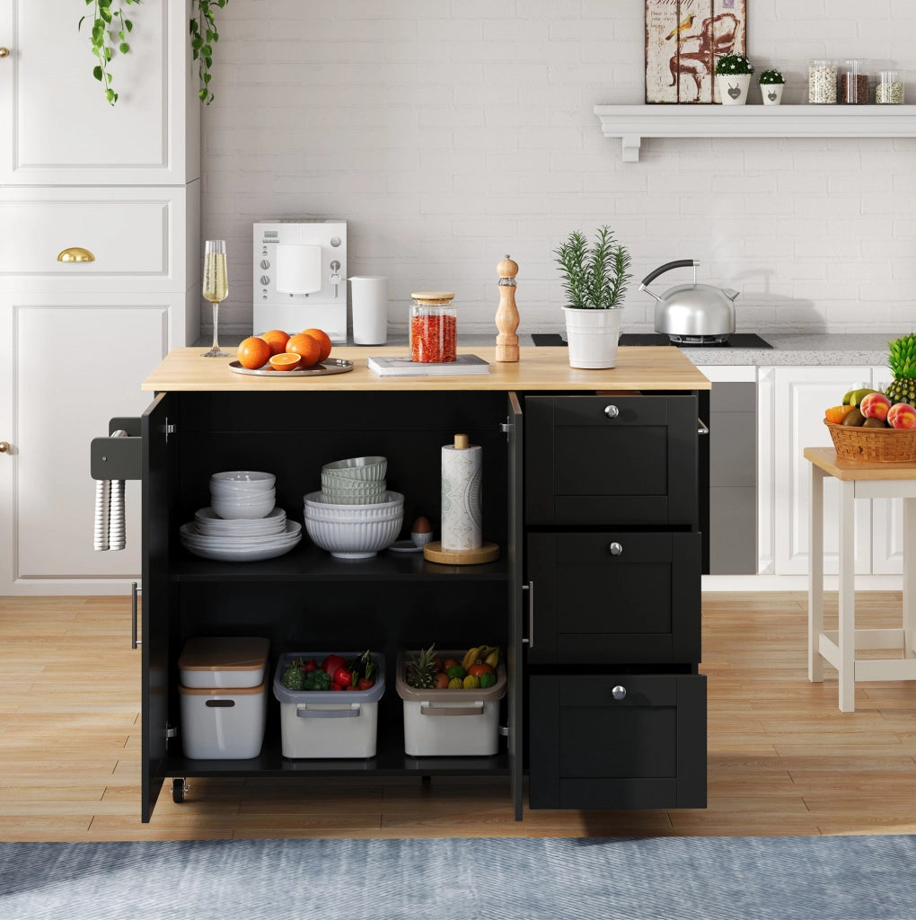Carrello da cucina pieghevole con 3 cassetti e 2 ante; MDF; nero e naturale; 135 × 44/70 × 90 cm