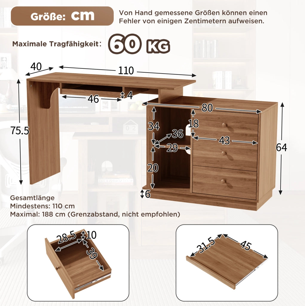 Scrivania estraibile in MDF noce con 3 cassetti e ripiani