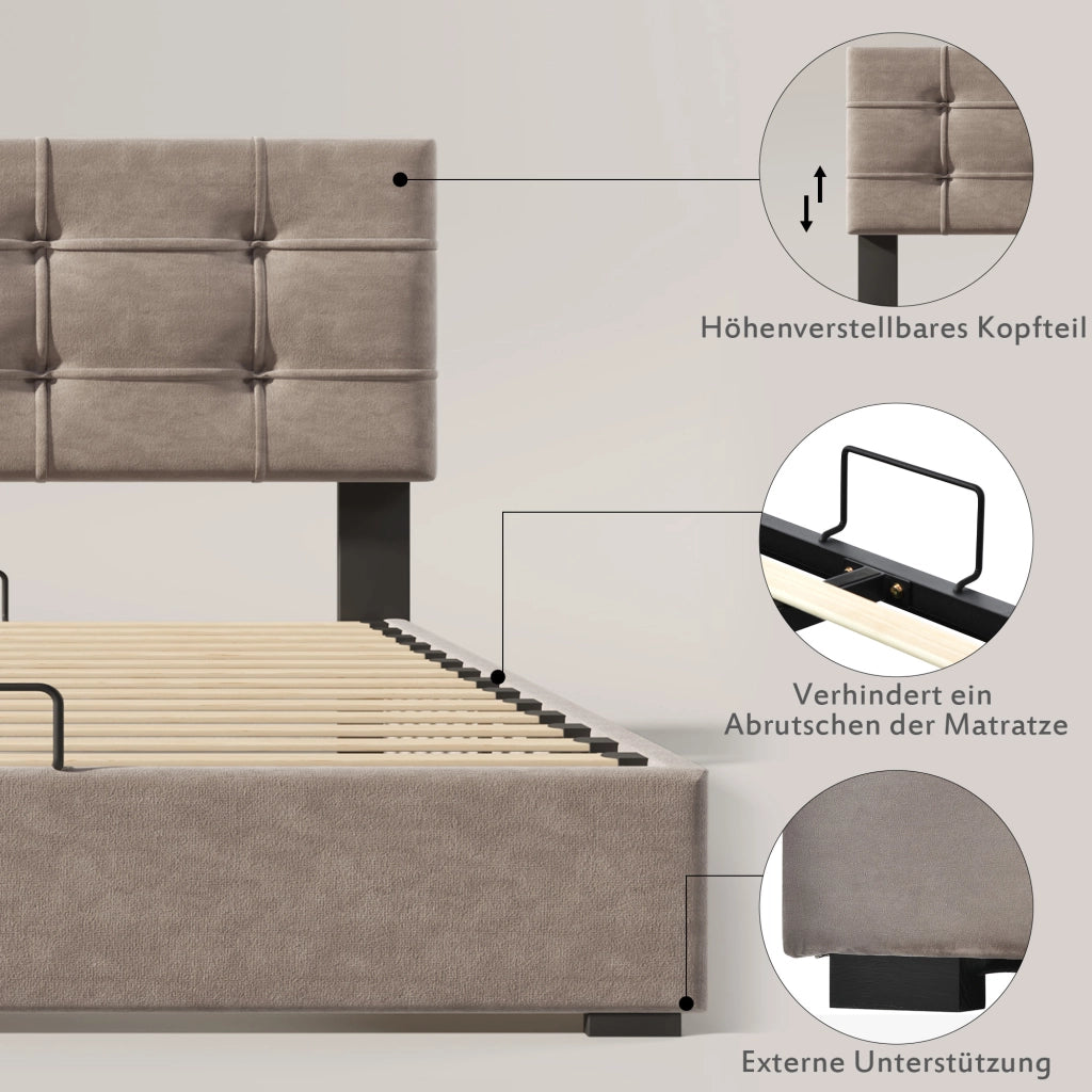 Letto matrimoniale imbottito 140 ¡Á 200 cm con contenitore testiera regolabile in velluto grigio chiaro
