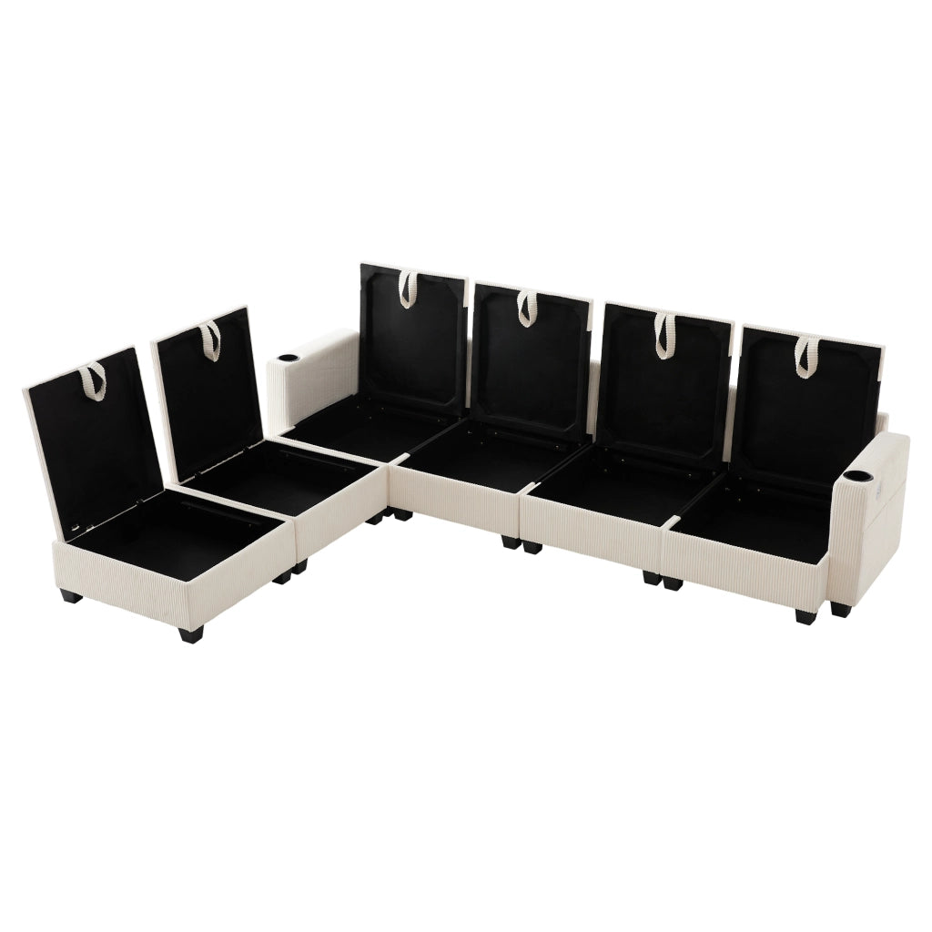 Divano modulare 5-6 posti con USB, contenitori e rivestimento in velluto a coste beige