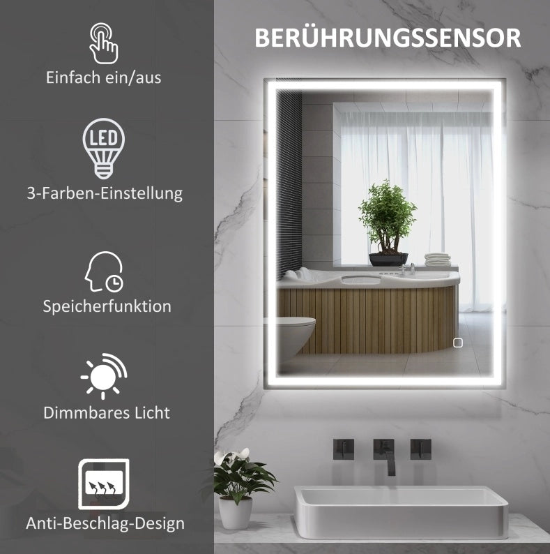 Specchio da bagno LED 90x70 cm con illuminazione dimmerabile e funzione memoria, design in vetro temperato argento