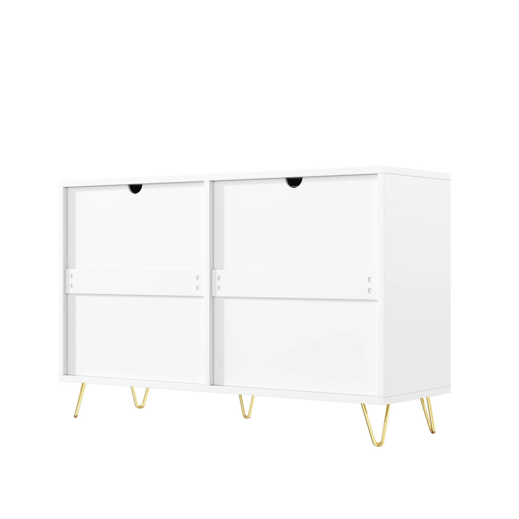 Sideboard bianco con piedini dorati, 120x77x40 cm con sei cassetti e design moderno