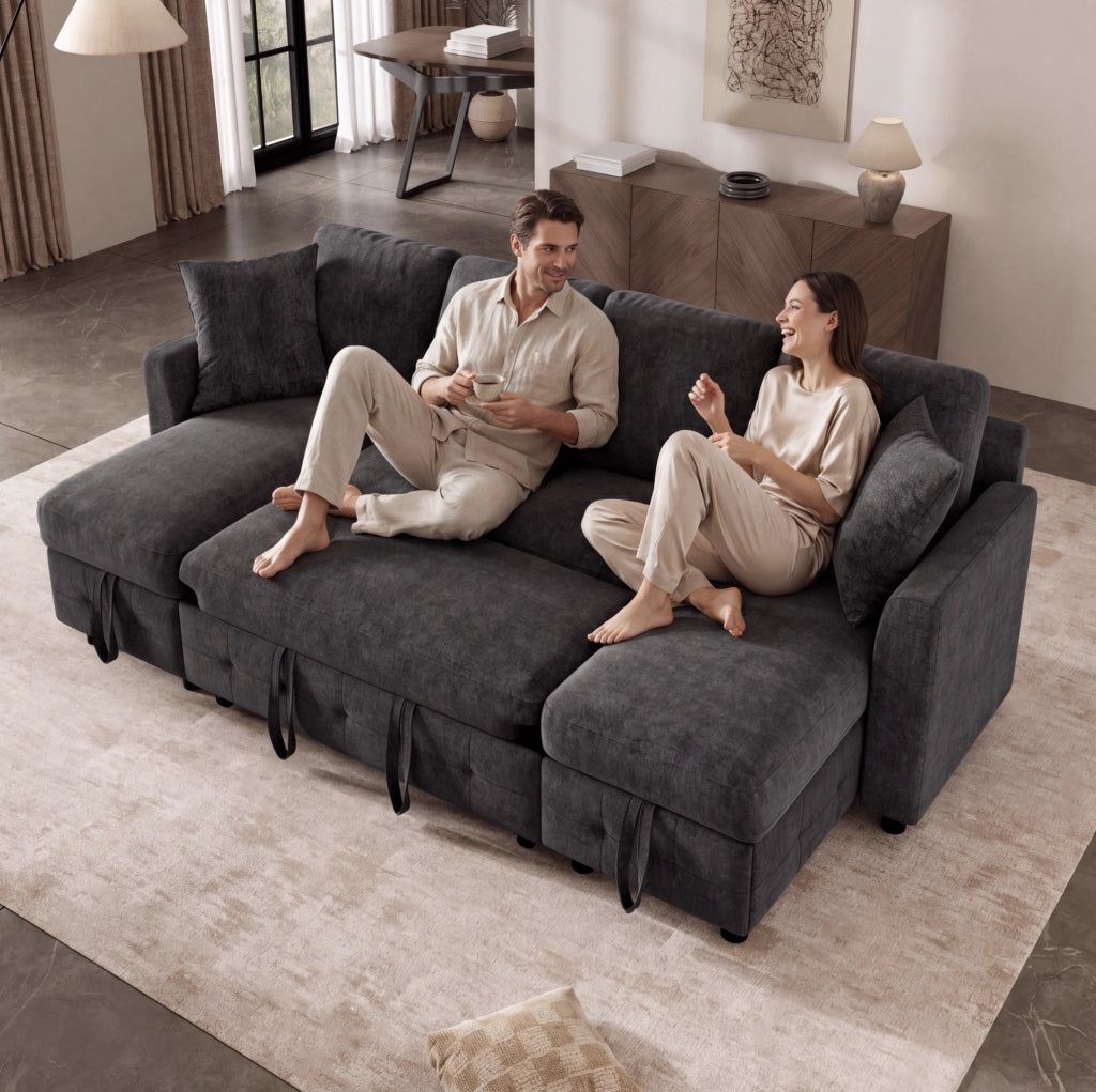 Divano letto a U estraibile 260x128 cm in ciniglia grigio scuro con USB e USB-C