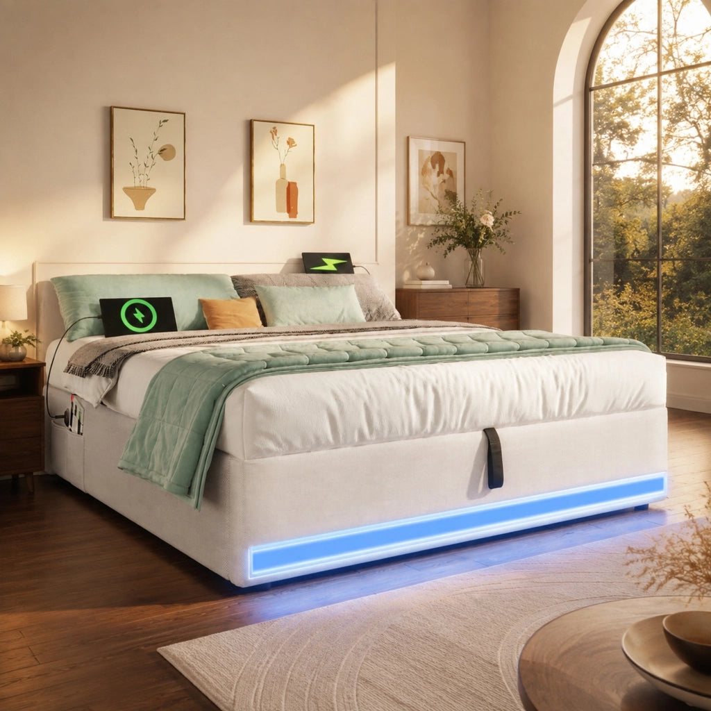 Letto imbottito 140x200 cm con LED, USB e porta Type-C, contenitore idraulico e tasche laterali