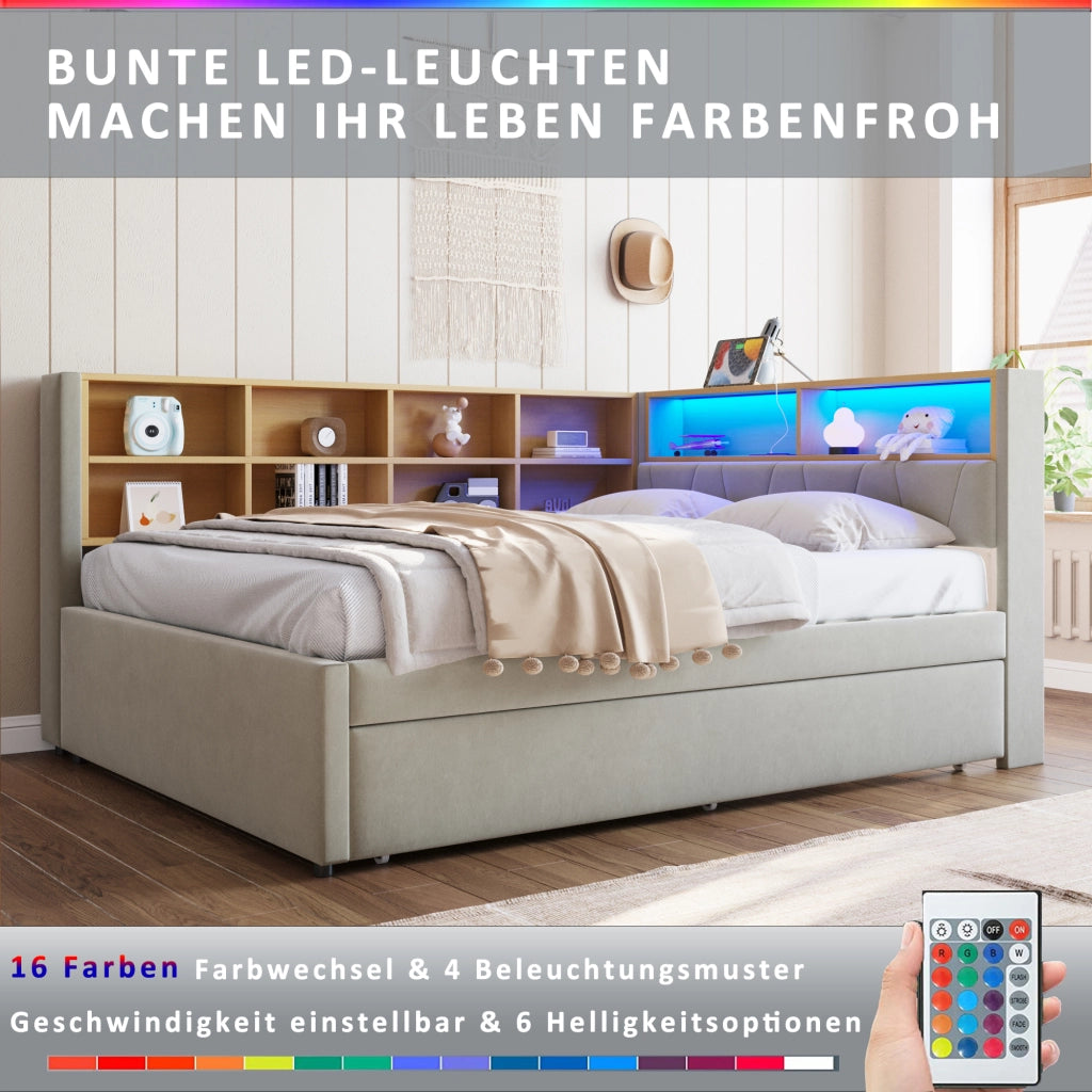 Letto con letto estraibile 140 × 200 cm con letto aggiuntivo 90 × 190 cm LED porte USB e vani grigio chiaro