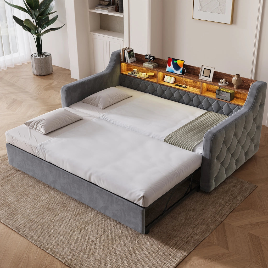 Letto divano estraibile 90 × 190 cm con LED, USB, Type-C e testiera contenitore, senza materasso, grigio scuro