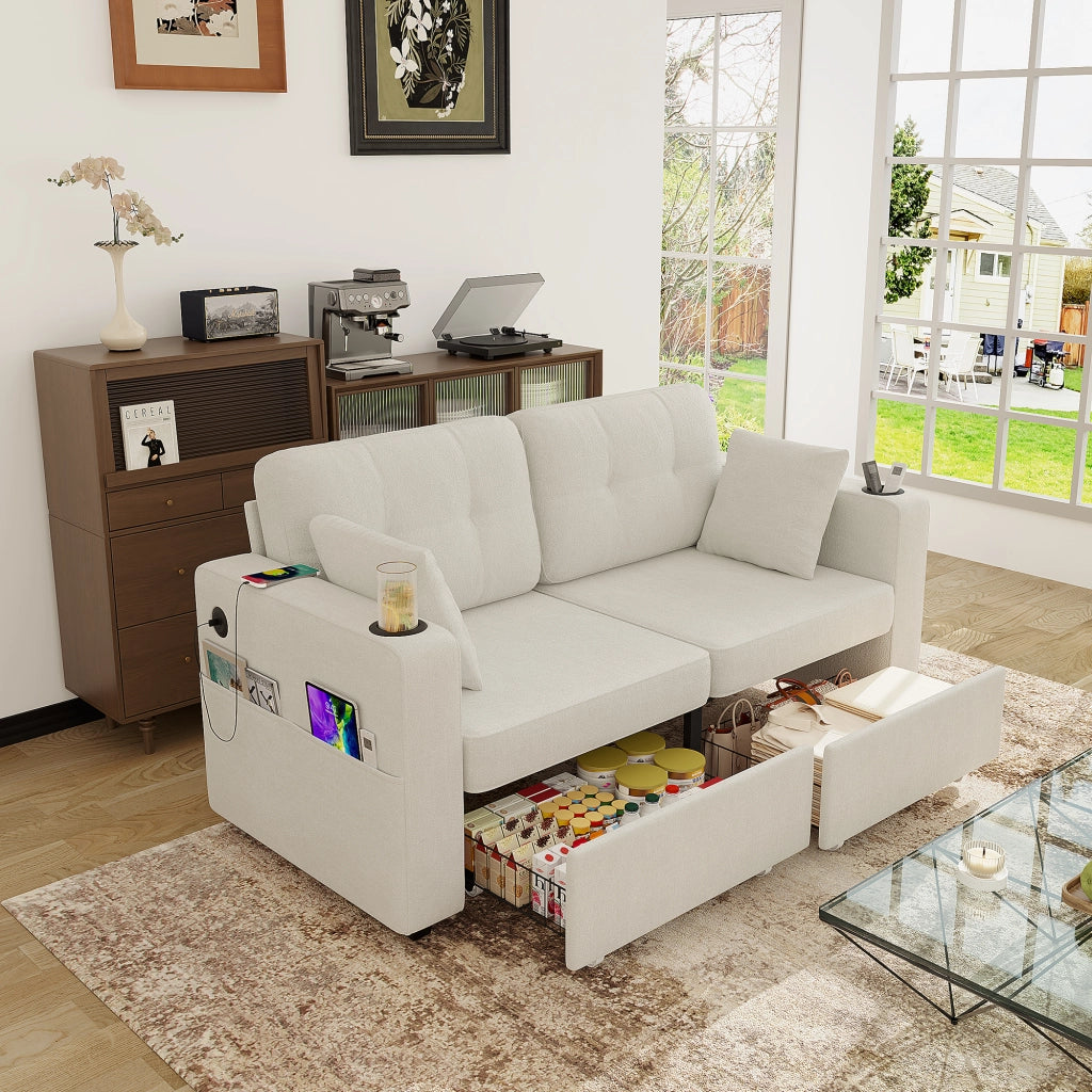 Divano a 2 posti con portabicchieri; vani laterali e USB - in chenille beige