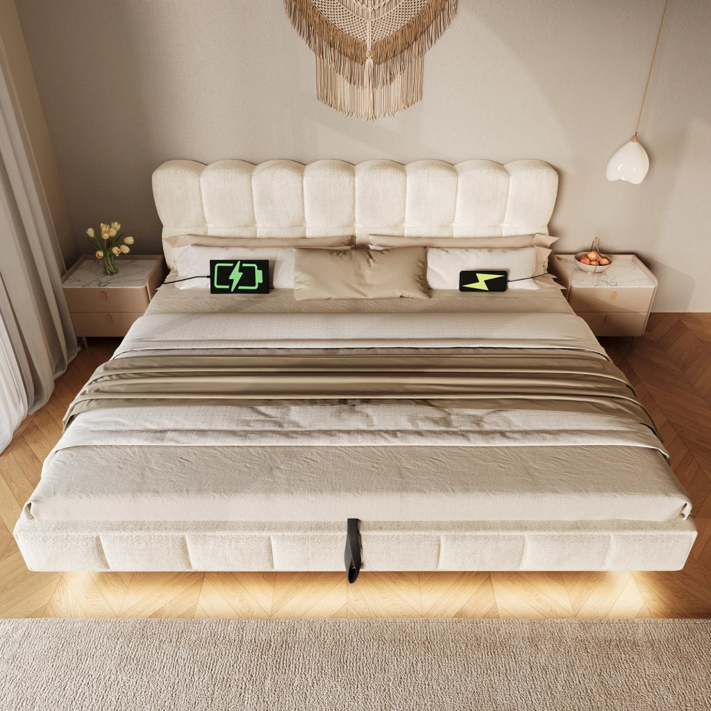 Letto contenitore 180 × 200 cm con LED e porte USB e Type-C rivestito in ciniglia beige con rete a doghe