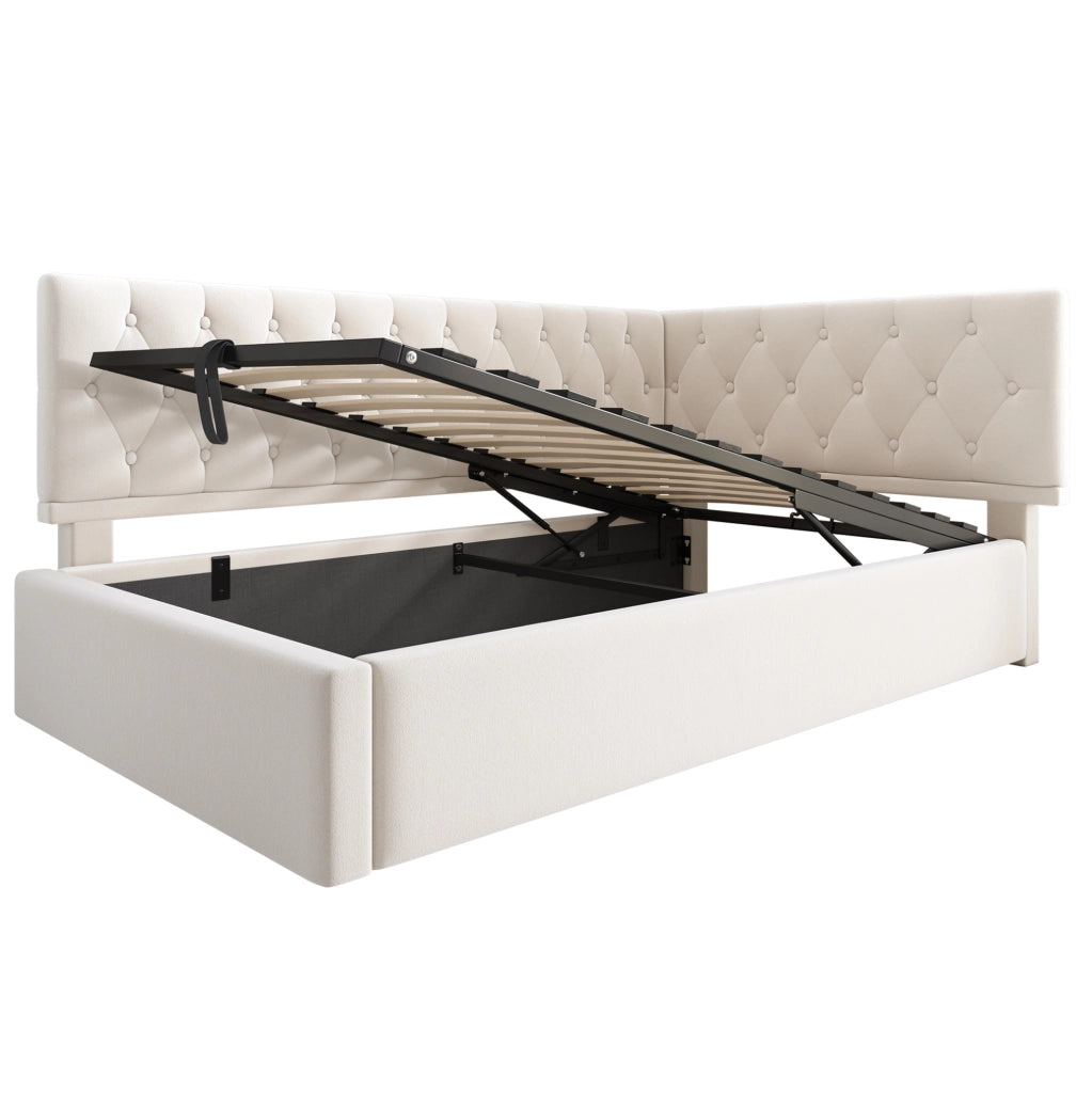 Divano letto 90x200 cm con contenitore idraulico; velluto beige; senza materasso