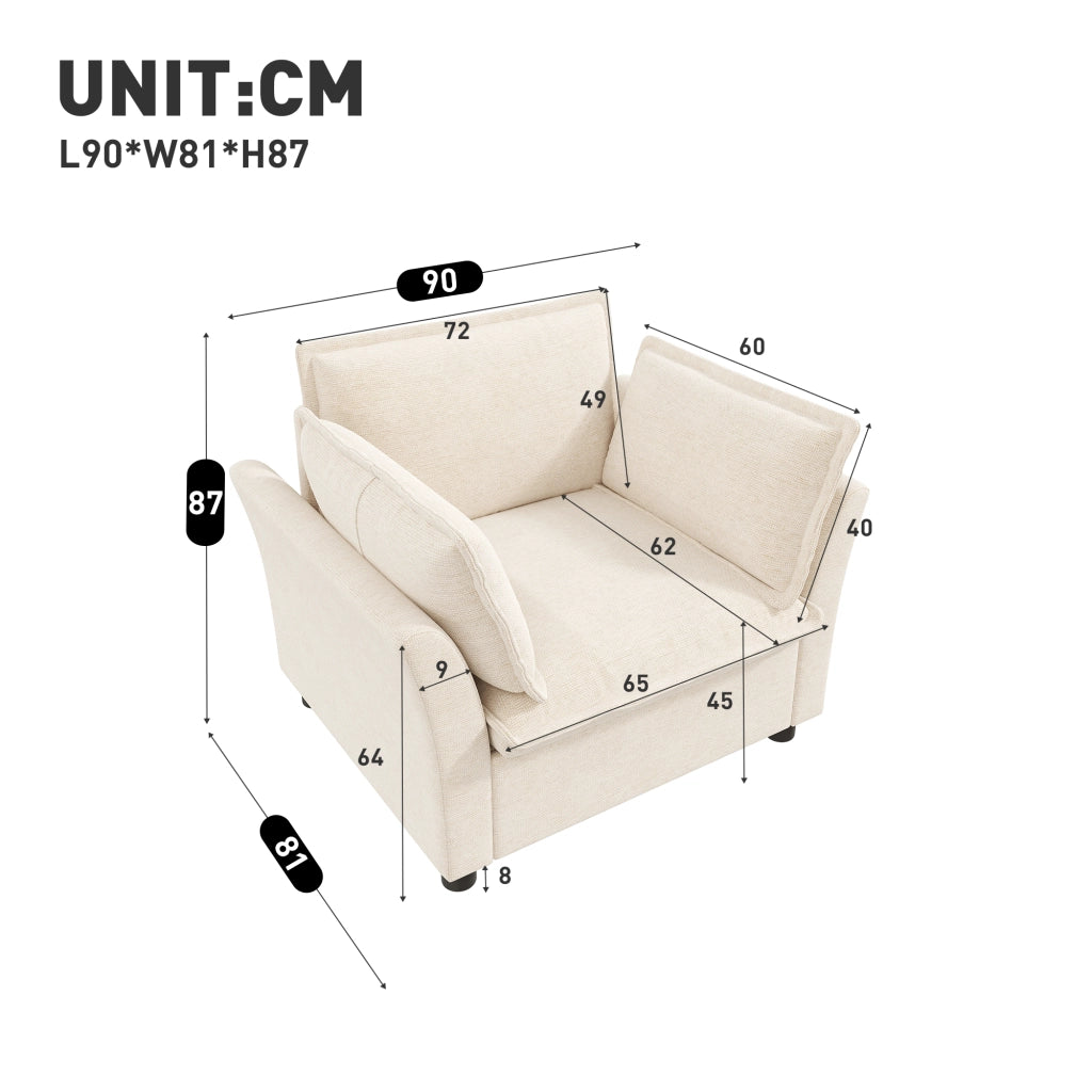 Poltrona con braccioli 90x81x87 cm in ciniglia beige con 2 cuscini rimovibili