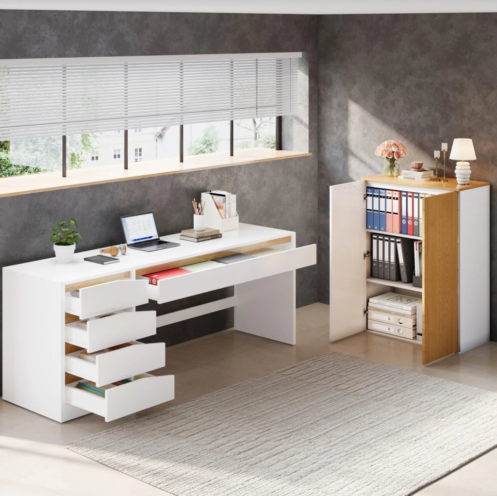 Set ufficio ULEVR con scrivania regolabile 140x50 cm e armadio archivio 80x40x110 cm, bianco e rovere