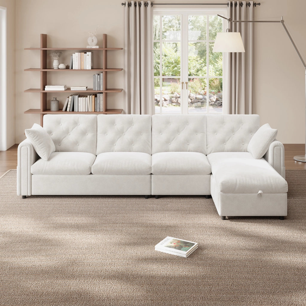 Divano letto modulare angolare con contenitore in poliestere beige configurabile a sinistra o destra 281 × 132 × 86 cm