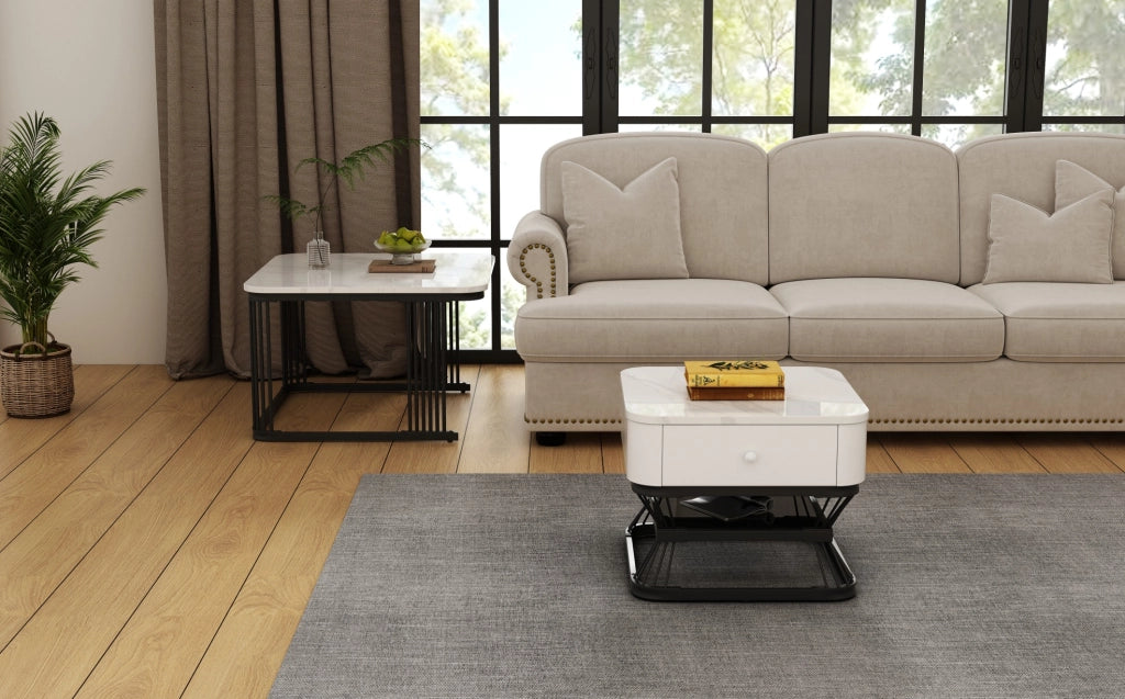 Set di 2 Tavolini da Salotto con Ripiano in Imitazione Marmo Lucido e Telaio in Metallo Nero, 70x70x45 cm + 50x50x40 cm, Bianco e Nero