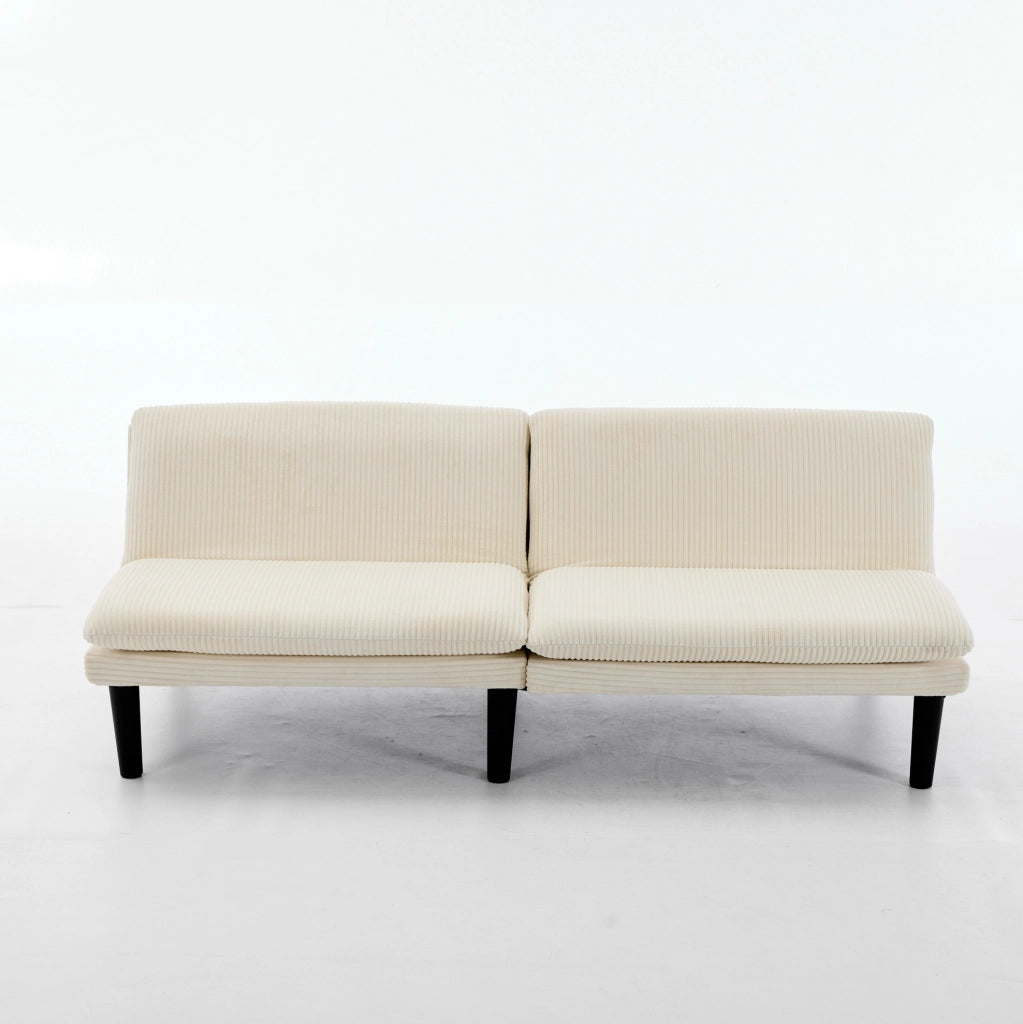 Divano a 2 posti regolabile a 3 posizioni in velluto beige con piedi neri in plastica e struttura in legno