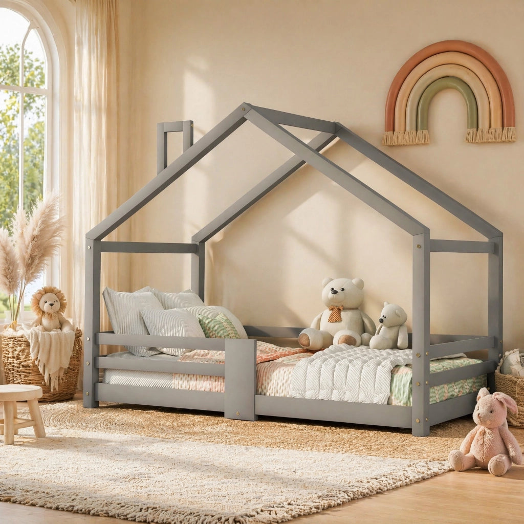 Letto a casetta 90 × 200 cm con protezione anticaduta e 15 doghe in legno grigio senza materasso