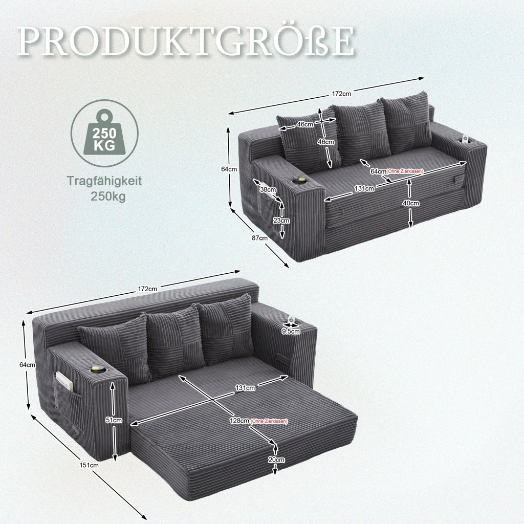 Divano modulare a 2 posti in velluto a coste grigio con portabevande e tasche laterali 64 × 172 × 87 cm