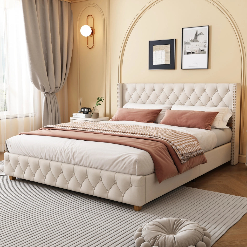 Letto imbottito 140 × 190 cm con rete a doghe testiera e pediera capitonné rivestito in lino beige