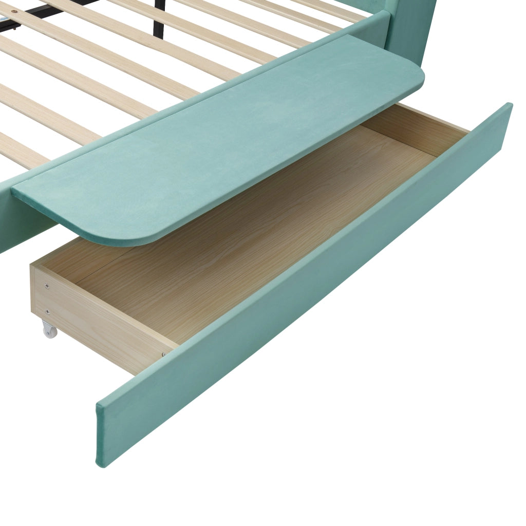 Letto con cassetti 140 × 200 cm con ripiano laterale pieghevole rivestito in velluto francese blu-verde